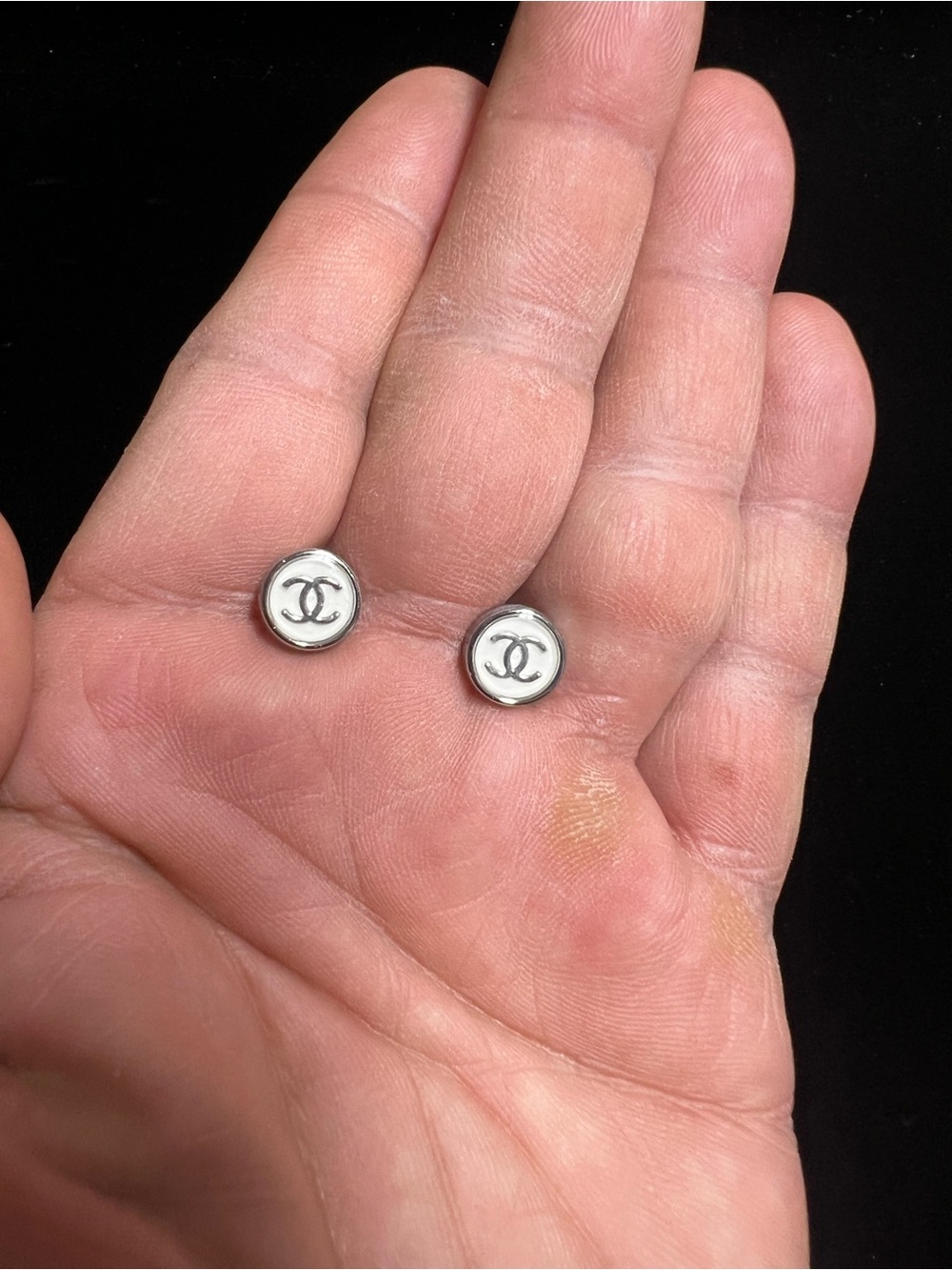 ChaneI White With Silver - Tone MINI Stud Earrings For Pierced Ears NEW